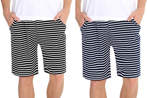 Irevial 2 Piezas Pantalones Cortos de Pijama Hombre Fresco Verano,Algodon Raya Elástico Ajustable Cintura Cómodo Pantalón de Dormir con Bolsillo, para Dormitorio, Vacaciones, Deporte, Salir