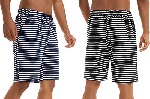 Irevial 2 Piezas Pantalones Cortos de Pijama Hombre Fresco Verano,Algodon Raya Elástico Ajustable Cintura Cómodo Pantalón de Dormir con Bolsillo, para Dormitorio, Vacaciones, Deporte, Salir