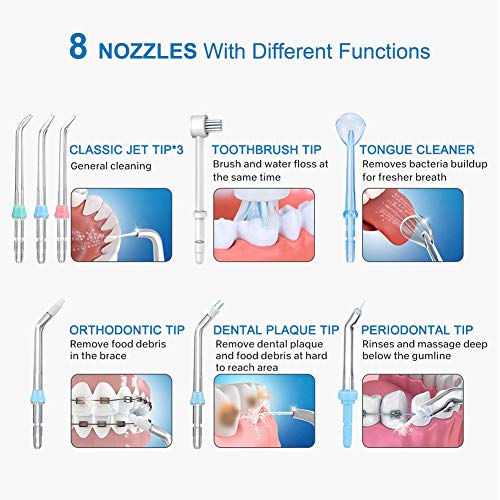 Irrigador Bucal, Irrigador Dental Professionale con 8 Boquillas Multifuncionales, Capacidad de 600ml, 10 Ajustes de Presión del agua, Aprobado por la FDA/CE (Blanco)