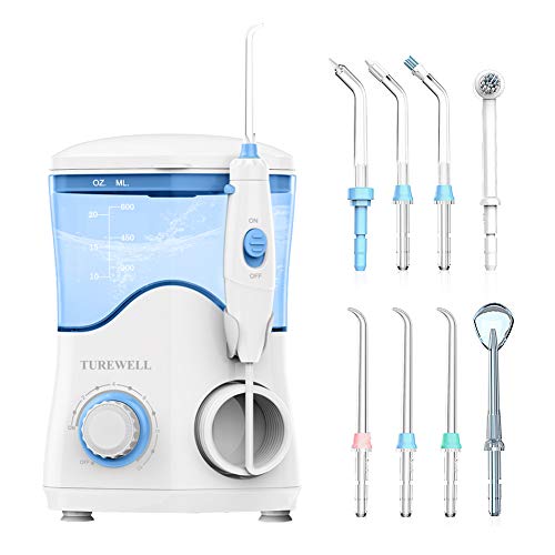 Irrigador Bucal, Irrigador Dental Professionale con 8 Boquillas Multifuncionales, Capacidad de 600ml, 10 Ajustes de Presión del agua, Aprobado por la FDA/CE (Blanco)