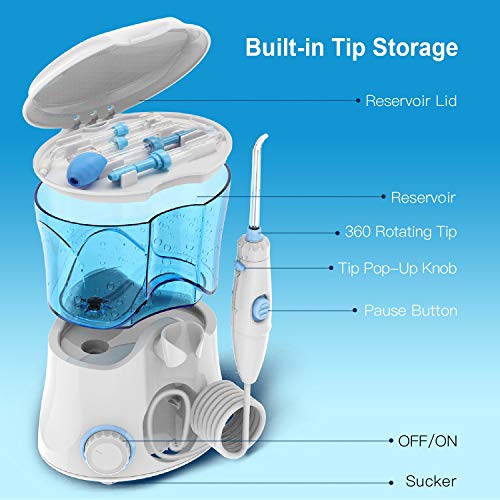 Irrigador Dental Professionale con 8 Boquillas Multifuncionales, Apiker Irrigador Bucal con Capacidad de 600ml, 10 Ajustes de Presión del agua, Limpieza Dientes, Aprobado por la FDA