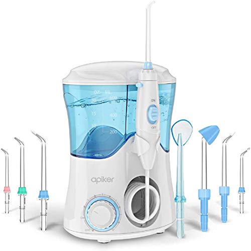 Irrigador Dental Professionale con 8 Boquillas Multifuncionales, Apiker Irrigador Bucal con Capacidad de 600ml, 10 Ajustes de Presión del agua, Limpieza Dientes, Aprobado por la FDA