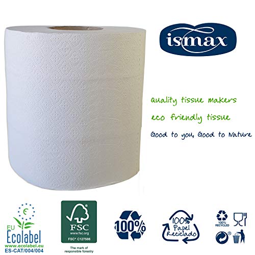 Ismax Papel Rollo Bobina Industrial Reciclado Multiusos Secamanos Pack 6 Unidades 900gr - 2 Capas - 113 Metros Bobina Absorbente Ecologico Extra XXL - 20223