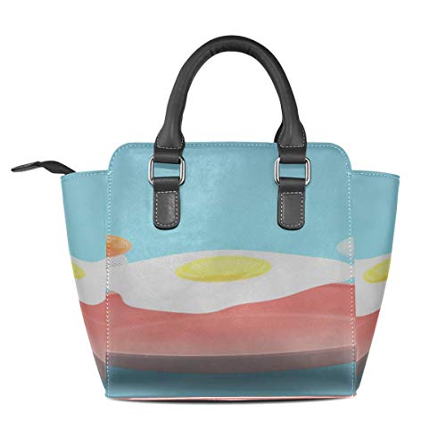 IUBBKI Bolso de mano grande Huevo frito sartén voladora entre coloridos bolsos con asa personalizada Remache de cuero Pu Impresión de moda portátil Agua