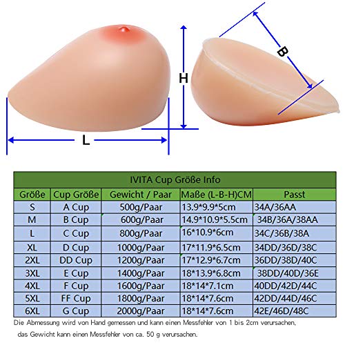 IVITA Formas De Mama De Silicona Pechos Falsos Realistas Formas De Senos Travestis Cosplay Prótesis De Transgénero Mastectomía Pechos (Beige, Copa C, 800 g/par, 16 * 10.9 * 6 cm)