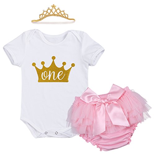 IWEMEK Bebé Niñas Primer Cumpleaños Princesa Unicornio Trajes de Fiesta 3pcs Conjunto de Mameluco + Bloomers de Tutú Rosa con Bowknot + Corona Diadema Carnaval Ceremonia Disfraz Sesión de Fotos