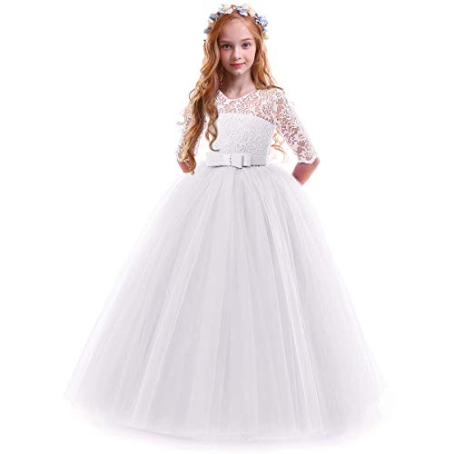 IWEMEK Vestidos de Princesa Fiesta de la Boda de Las Niñas 3/4 Largo Manga Tul Vestidos de Dama De Honor Fiesta Graduación Comunión Cumpleaños Paseo Baile Cóctel Vestido de Novia 13-14 Años