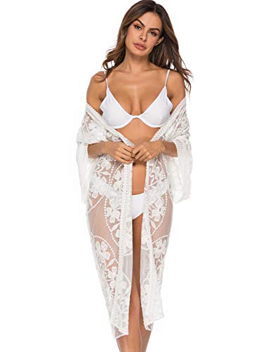 iWoo - Cárdigan kimono sexi para mujer, largo, para proteger del sol en la playa, de encaje floral estilo crochet para cubrirse en la playa. B-blanco Talla única