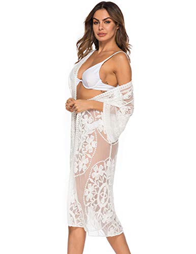 iWoo - Cárdigan kimono sexi para mujer, largo, para proteger del sol en la playa, de encaje floral estilo crochet para cubrirse en la playa. B-blanco Talla única