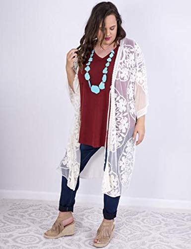 iWoo - Cárdigan kimono sexi para mujer, largo, para proteger del sol en la playa, de encaje floral estilo crochet para cubrirse en la playa. B-blanco Talla única