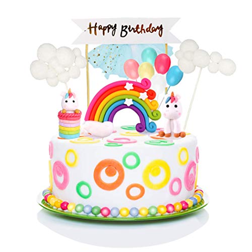 iZoeL Unicornio Decoración de Tartas Cumpleaños Happy Birthday Banderines Globos Arcoiris Nube Cake Topper Decorar Tartas Infantiles Niñas