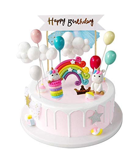 iZoeL Unicornio Decoración de Tartas Cumpleaños Happy Birthday Banderines Globos Arcoiris Nube Cake Topper Decorar Tartas Infantiles Niñas