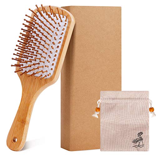 Jabalí de cerdas de madera de bambú masaje peine,nudo no electrostática comodo y durable gran Paddle hairbrush con bolsa de gas…