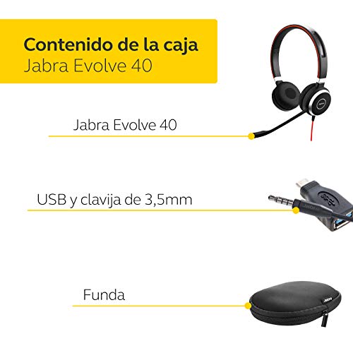 Jabra Evolve 40 MS - Auriculares Estéreo Certificados por Microsoft para VoIP Softphone, Cancelación Pasiva de Ruido, Cable USB-A con Unidad de Control, Negro