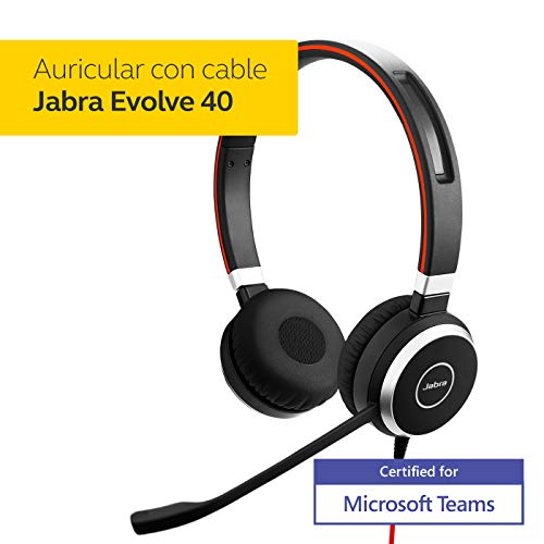 Jabra Evolve 40 MS - Auriculares Estéreo Certificados por Microsoft para VoIP Softphone, Cancelación Pasiva de Ruido, Cable USB-A con Unidad de Control, Negro