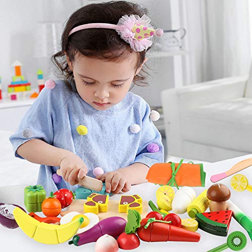 Jacootoys Juguetes de Corte de Madera Magnéticos Frutas y Verduras Juego de Alimentos con Delantal y Gorro de Cocinero para Niños Niñas