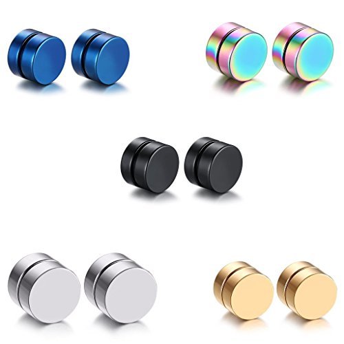 Jaetech House 5 Pares Joyería Pendientes Magnéticos de Acero Inoxidable Quirúrgico para Oído sin Agujero Punk Rock Earrings sin Plugs para Hombre Mujer Unisex 8MM