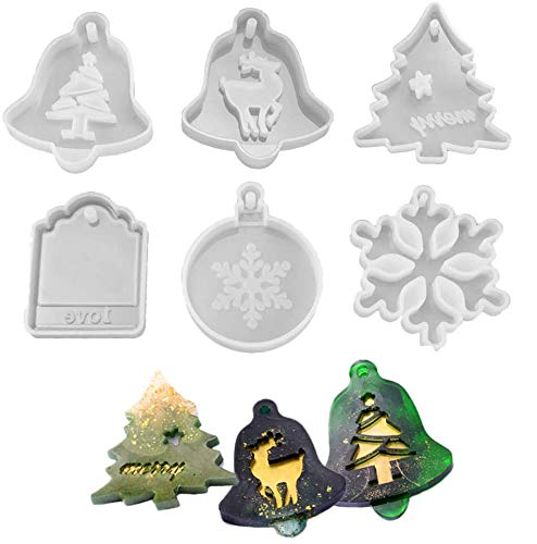 JAHEMU Navidad Resina Molde Epoxi Resina Silicona Molde Navidad Arbol Colgante para Navidad Collares Joyas colgantes Decoración 6pcs