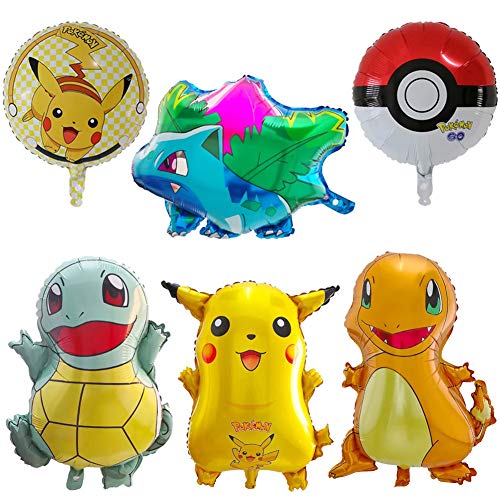 JAHEMU Pokemon Globos Aluminio Pikachu Globos Helio Globos para niño Pokemon Cumpleaños Fiesta Decoraciones Suministros 6pcs