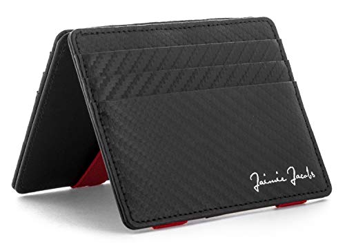 JAIMIE JACOBS ® Cartera Mágica Flap Boy Slim, el Original, Magic Wallet con Bloqueo RFID, Protege Tarjetas de Crédito, Tarjetero Hombre Slim, Cuero Auténtico (Carbon con Rojo)