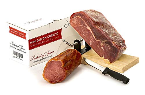 Jamón Serrano Curado Deshuesado Version 1 Kg con Jamonero y Cuchillo + Lomo Duroc Natural 250 gr - Jamonprive