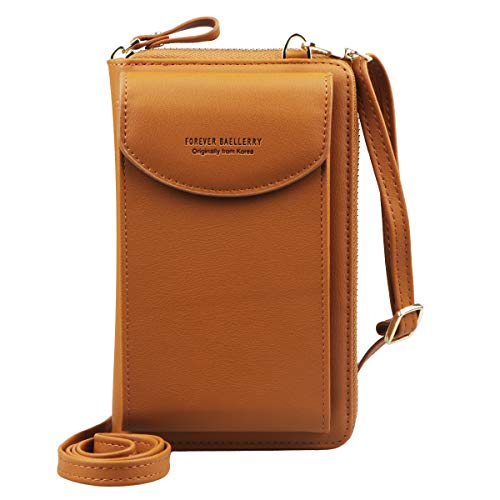 Jangostor Mujer Bolso para teléfono móvil Bolso bandolera Monedero Mini Bolso cruzado de cuero ligero para teléfono móvil con ranuras para tarjeta de correa (Brown)