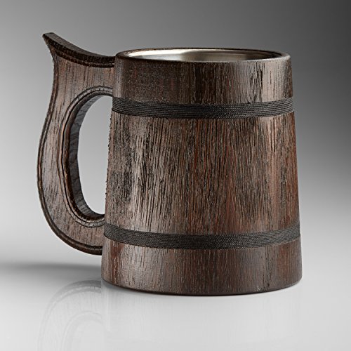 Jarra grande de cerveza de madera, roble, hecha a mano con una sorprendente destreza y materiales de calidad, revestida de metal, resistente, robusta, duradera