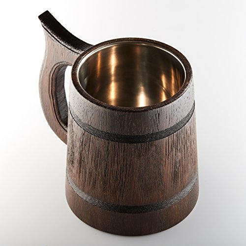 Jarra grande de cerveza de madera, roble, hecha a mano con una sorprendente destreza y materiales de calidad, revestida de metal, resistente, robusta, duradera