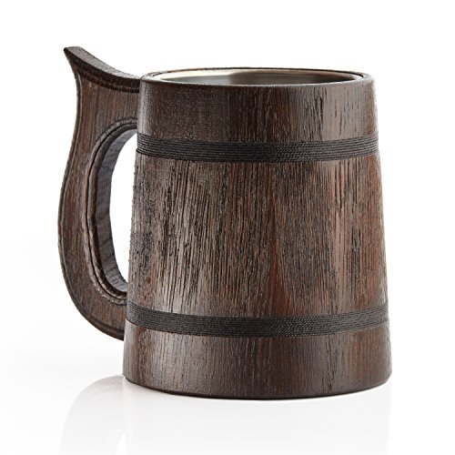 Jarra grande de cerveza de madera, roble, hecha a mano con una sorprendente destreza y materiales de calidad, revestida de metal, resistente, robusta, duradera