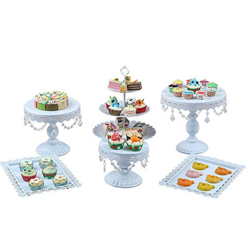 Jasemy - Juego de 6 soportes para tartas de boda con soporte para cupcakes y postres, con colgantes de cristal y perlas