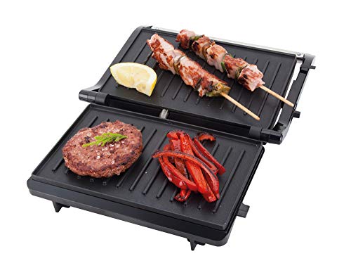 Jata GR264 Grill de Asar con Doble Placas de 22,5 x 14 cm Apertura 180° Placa Superior Basculante Antiadherente Libre de PFOA y Presión de Asado Uniforme