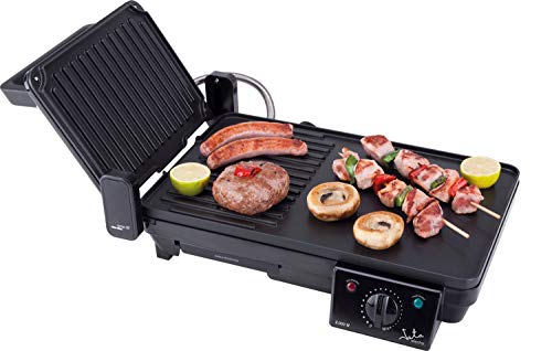 Jata GR268 Plancha de Asar y Grill DUO Superficie Mixta 41 x 25 cm con Apertura 180° Antiadherente Libre de PFOA con Bandeja Colectora de Salsas