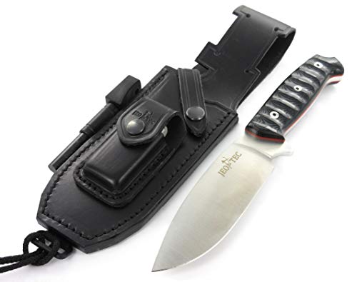 JEO-TEC Nº1 Cuchillo Supervivencia Caza Monte bushcraft Camping Outdoor Campo - Funda de Piel con pedernal y Piedra afilar incluidos - Acero BÖHLER N690C - Fabricado en España