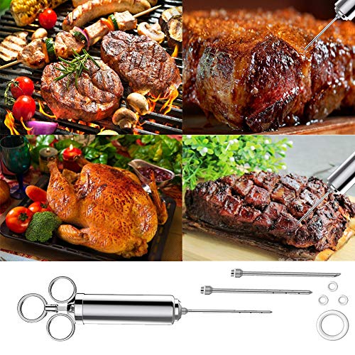 Jeringa Cocina da acero Inox con 3 Agujas Aprobado por la FDA 304 jeringa de Alimentos con Sabor a Adobo de Acero Inoxidable para Pavo de Res BBQ 60 ml 2 oz con 2 Cepillos