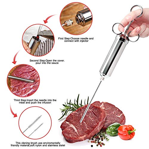 Jeringa Salsa BBQ, Inyector De Sabor, Inyector De Carne, Aguja para Especias, Aguja para Condimentos, 60ml, 3 agujas, 2 Cepillos De Limpieza y 4 O-Anillo De Silicona (Plata)