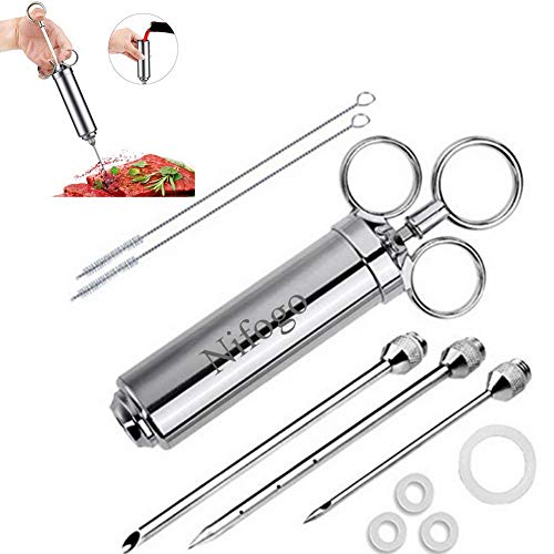 Jeringa Salsa BBQ, Inyector De Sabor, Inyector De Carne, Aguja para Especias, Aguja para Condimentos, 60ml, 3 agujas, 2 Cepillos De Limpieza y 4 O-Anillo De Silicona (Plata)