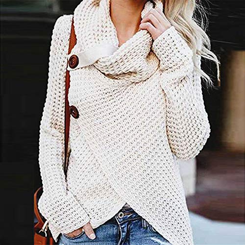 Jerseys De Punto para Mujer Cuello de Tortuga Manga Larga Suelto Prendas de Punto Suéter Irregular Jerséis Collar de la Pila Tops Cálido Otoño Invierno riou (White, M)