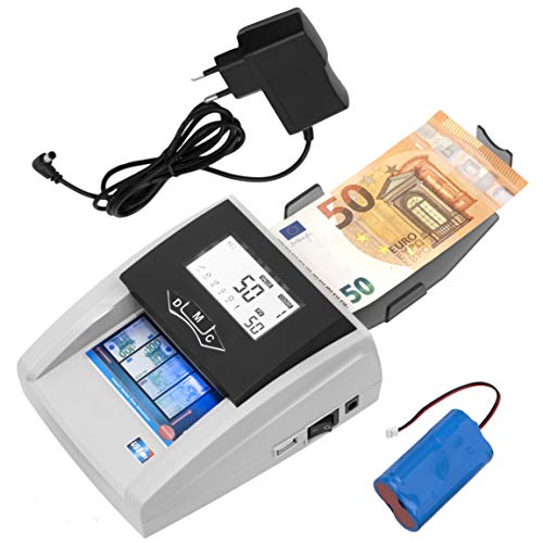 JeVx Maquina Detector de Billetes Falsos Portatil 2 en 1 CON BATERIA RECARGABLE y Fuente de Alimentacion - Profesional Contadora comercial de Dinero 5 Sistemas de Deteccion Contador Seguridad Euros