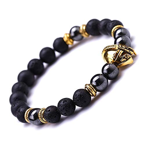 JIAXUN Pulseras Piedras Naturales Cascos electrochapados Cabeza de Leopardo Cuerdas de Mano de Mineral de Hierro Negro Roca volcánica de Lava de 8MM, Regalos de Mujeres, Regalos de Hombres