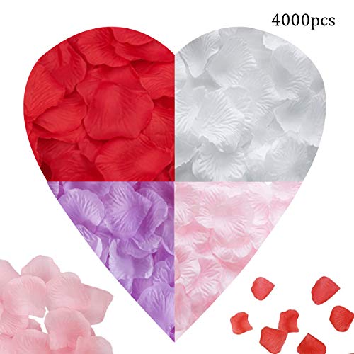 Jicyor Pétalos de Rosa, 4000 Pcs Colores Múltiples Seda Confeti Petalos Artificiales para Bodas Fiestas Día de San Valentín y Ambiente Romántico(Escarlata Rosa Claro Blanco Puro Morado Claro)