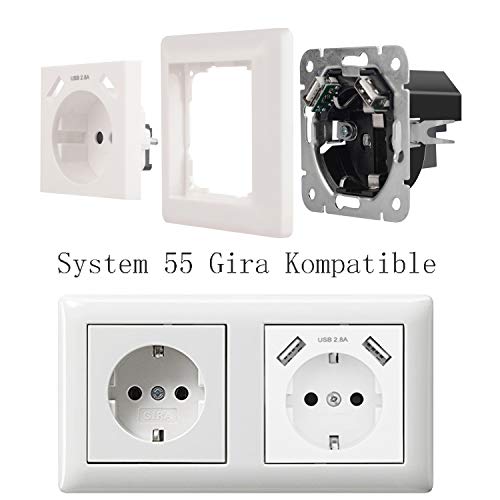 Jindia Schuko Enchufe para la pared con 2 puertos de carga USB, toma USB Sockets de pared blancos (2.8A 1 Pack)