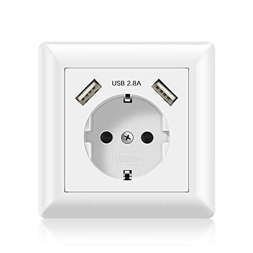 Jindia Schuko Enchufe para la pared con 2 puertos de carga USB, toma USB Sockets de pared blancos (2.8A 1 Pack)