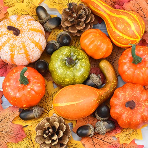 Jinlaili 50PCS Mini Calabazas Artificiales, Conos de Pino, Bellotas, Hojas Otoño, Decoraciones para Halloween y Acción de Gracias, Adornos de Otoño para Decoraciones de Hogar/Bodas/Fiestas