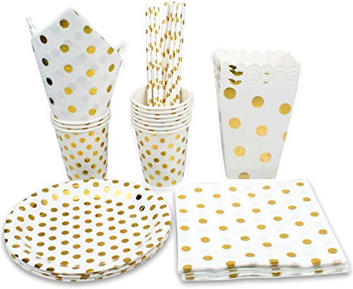 Jinlaili 56 Piezas Vajilla Desechable Fiesta Dorado, Vajilla Desechable Cumpleaños,10 Vasos de Papel, 10 piezas Platos de papel de 7", 20 piezas Servilleta,10 Pajita,6 Cajas de Palomitas de Maíz