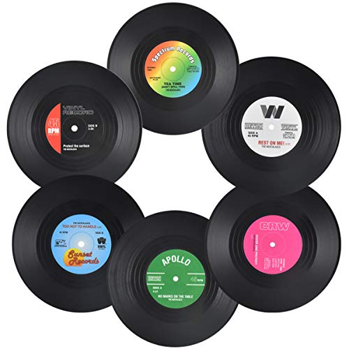 Jinlaili Juego de 6 Posavasos de Vinilo Retro, Posavasos Retro para Bebidas, Posavasos de Vinilo para Bebidas, Posavasos Antideslizantes para café, té, jarra de cerveza, botella de vino