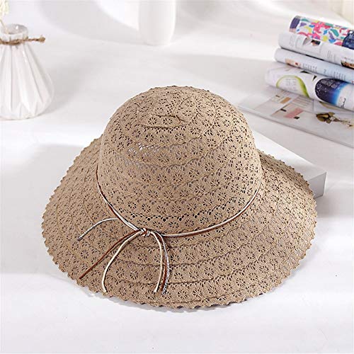 JINRONG Tejida Paja Plegable Rueca Fresca Pequeña Cielo Abierto del Cordón Sombrero del Verano del Sombrero De Sun Dome Cap Plegable Ollas (Color : Khaki)