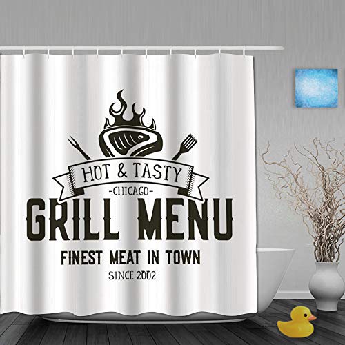 JIOLK Cortina de Ducha Impermeable,Parrilla Menú Emblema Steak House Restaurante Logotipo Símbolos Barbacoa Carne Fuego Barbacoa,Cortinas de baño de poliéster con 12 Ganchos,tamaño 180 x 180cm