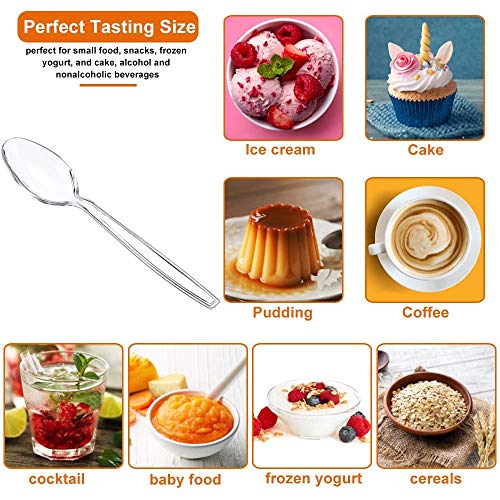 Jixista Mini Cucharas Plásticas Mini Clear Plastic cucharillas de cubiertos 100 cucharas de cubiertos desechables en plástico blanco para Postre Café Té Cócteles Drinks Zumos Helado