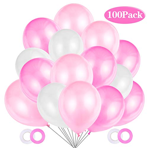 JOJOR Globos Rosas y Blanco,100 Piezas Globos Cumpleaños Rosas Perlados, Globos de Fiesta para Bodas, Niña Cumpleaños Comunion Bautizo Baby Shower Bebe 1 Años Rosas Decoraciones