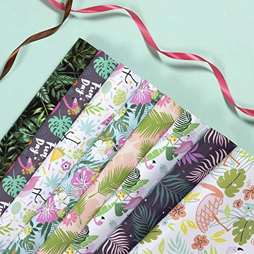 Jolintek Papel de Regalo, 8 Hojas Papel para Envolver Regalos Diseño de Flamencos Tropical Flores Palma Hojas Hoja de Papel de Envoltura de Regalos con 2 Rollo Cinta de Raso para Cumpleaños, Fiesta